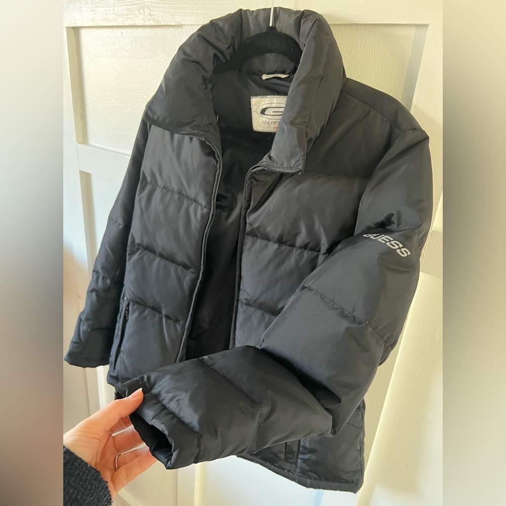 EUC Vintage Guess down puffer coat women’s small black zip up jacket unisex top - Picture 10 of 16